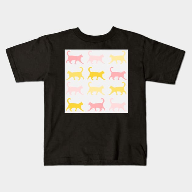 Springtime Cats in Pink and Yellow Repeat Pattern Kids T-Shirt by NattyDesigns